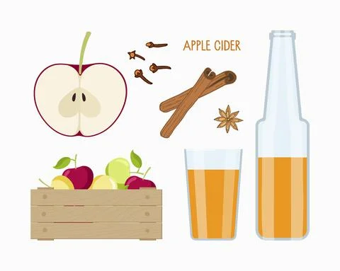 Apple Cider set. Decorative vector illustration for menu. Full glass, bottle Stock Illustration