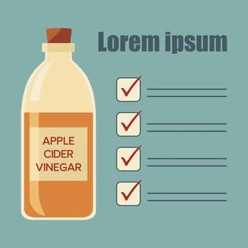 Apple cider vinegar bottle with checklist on blue background for health or .. Stock Illustration