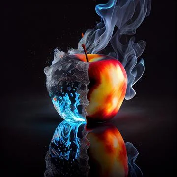 Apple in the clash of ice and fire on black background. 스톡 일러스트