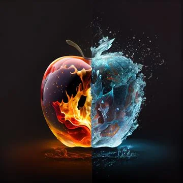 Apple in the clash of ice and fire on black background. Stock Illustration