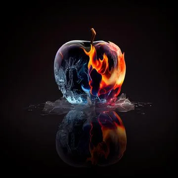 Apple in the clash of ice and fire on black background. 스톡 일러스트