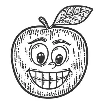 Apple with a comic face. Sketch scratch board imitation. Black and white. Stock Illustration