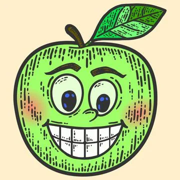 Apple with a comic face. Sketch scratch board imitation color. Stock Illustration