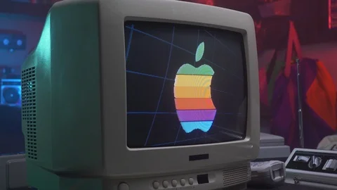 Apple Computer Logo on a Vintage Computer Screen Retro 80s 90s Stock-Footage 113529391