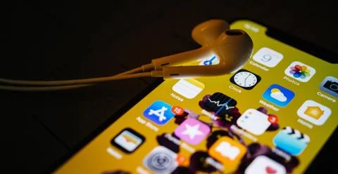 Apple Computers EarPods on the latest iPhone 11 Pro Stock Photos