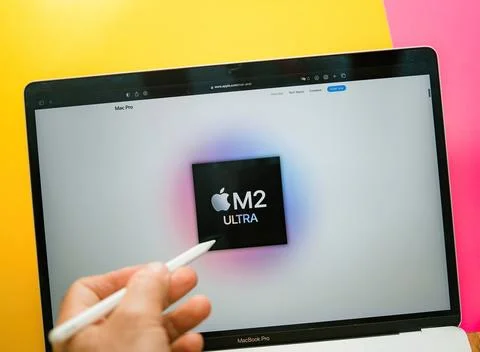 Apple Computers website showcasing new M2 ultra Silicon CPU chip processor Stock Photos