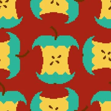 Apple core pixel art seamless pattern. pixelated Fruit background. Retro te.. Illustrazione stock