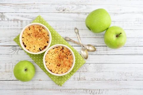 Apple crumble in small baking dish Stock Photos