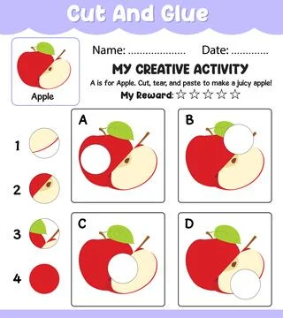 Apple Cut and Match Vector Worksheet, Preschool Learning Activity with Name.. Stock Illustration