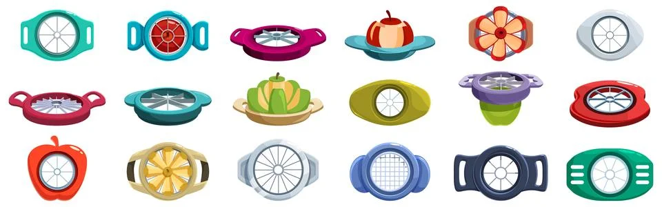Apple cutter icons set. Different types of apple slicers and corers are shown Stock Illustration