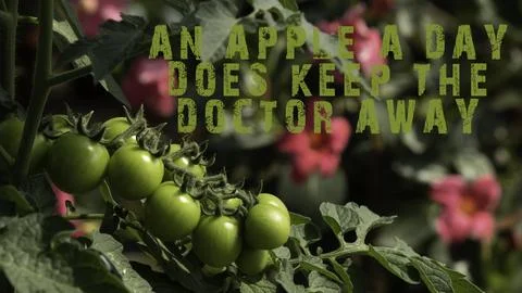An apple a day does keep the doctor away. sentence. Fresh fruits and vegetabl Stock Photos