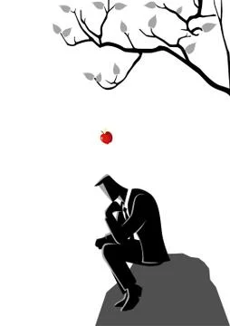 Apple falling dawn to the head of a thinking businessman Stock Illustration