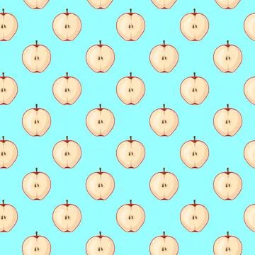 Apple flat seamless pattern on blue background. Stock Illustration