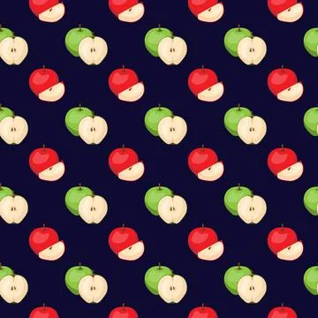 Apple flat seamless pattern on blue background. Illustrazione stock