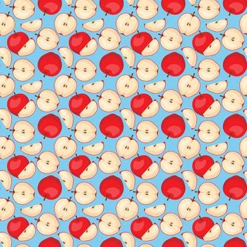 Apple flat seamless pattern on blue background. Stock Illustration