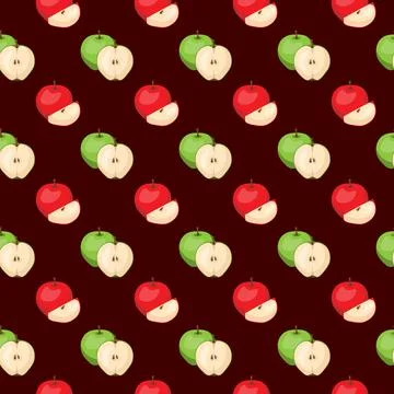Apple flat seamless pattern on brown background. Stock Illustration