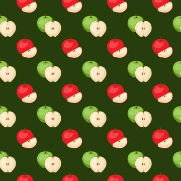 Apple flat seamless pattern on green background. Illustrazione stock