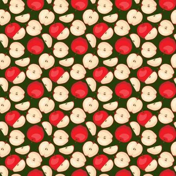 Apple flat seamless pattern on green background. Stock Illustration