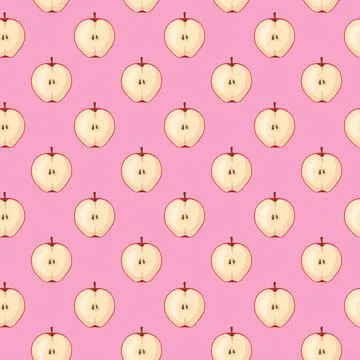 Apple flat seamless pattern on pink background. Stock Illustration