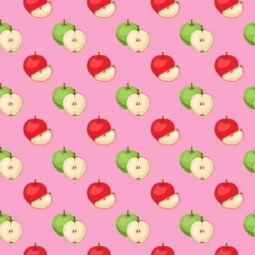 Apple flat seamless pattern on pink background. Stock Illustration
