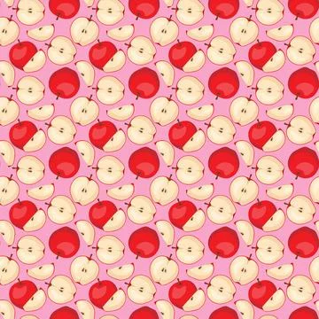 Apple flat seamless pattern on pink background. Stock Illustration