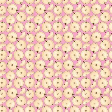 Apple flat seamless pattern on pink background. Stock Illustration