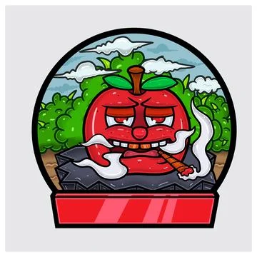 Apple Fruit Cartoon Character Do Smoking In Jungle. Blank Sign and Circle Log Stock Illustration