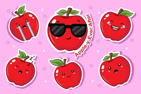 Apple Fruit Cartoon Sticker Set with Various Emotions Vector Illustration Label Stock Illustration