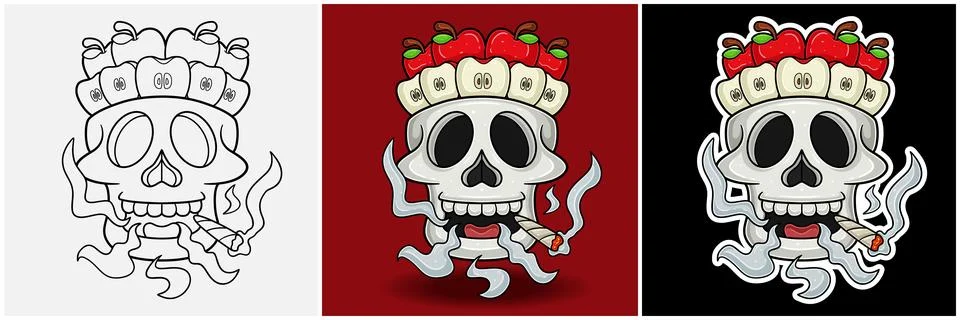 Apple Fruit Inside Skull Head With Smoking Character Cartoon. Black White, .. Stock Illustration