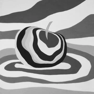Apple fruit psychedelic black and white illustration optical illusion. Stock Illustration
