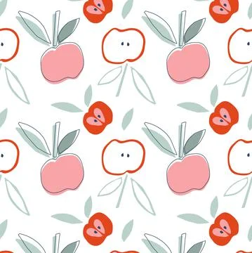 Apple fruit seamless pattern. Childish cutting style Apples with leaf hand drawn イラスト素材