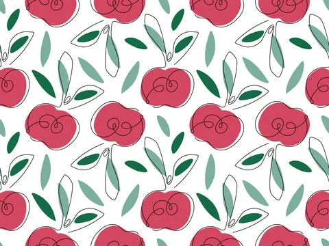 Apple fruit seamless pattern. Continuous one line drawing Apples with leaf hand Illustrazione stock