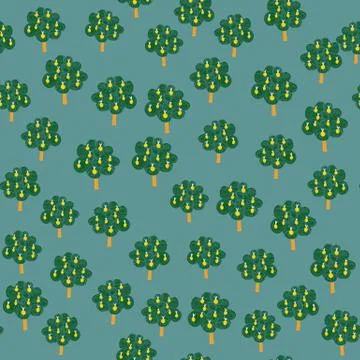 Apple fruit trees seamless pattern on blue background. DCute dodle fruits tre Stock Illustration