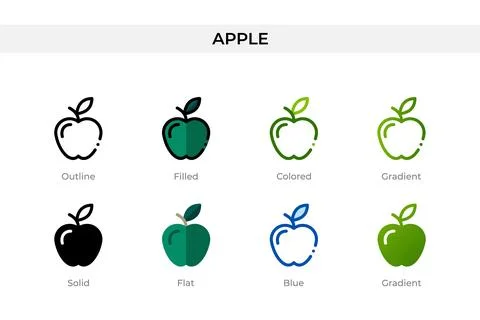 Apple icon in different style. Apple vector icons designed in outline, soli.. Stock Illustration