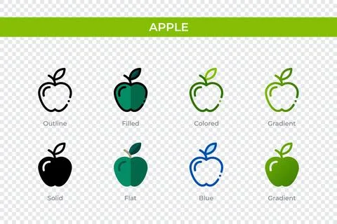Apple icon in different style. Apple vector icons designed in outline, soli.. Stock Illustration