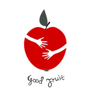 Apple icon. Hands hugging the Apple. Writing a good fruit. Stock Illustration
