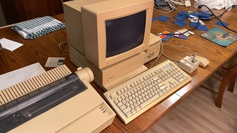 Apple II computer and accessories Steve Jobs invented, smooth pan view Video stock 123646604