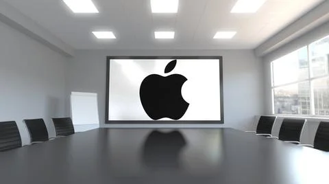 Apple Inc. logo on the screen in a meeting room. Editorial 3D rendering Stock Illustration