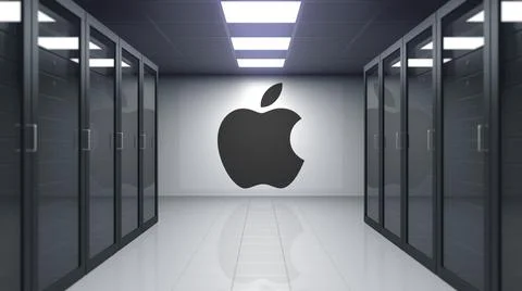 Apple Inc. logo on the wall of the server room. Editorial 3D rendering Stock Illustration