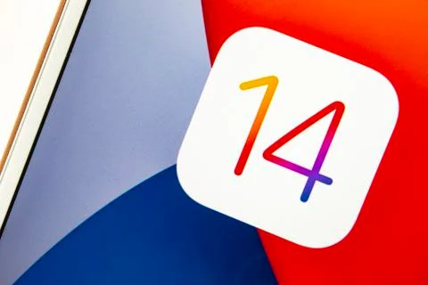 Apple IOS14 logo on a iphone Stock Photos