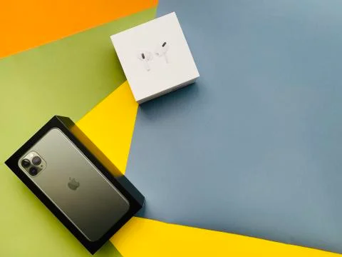 Apple iPhone 11 Pro Max and Airpods Pro Stock Photos