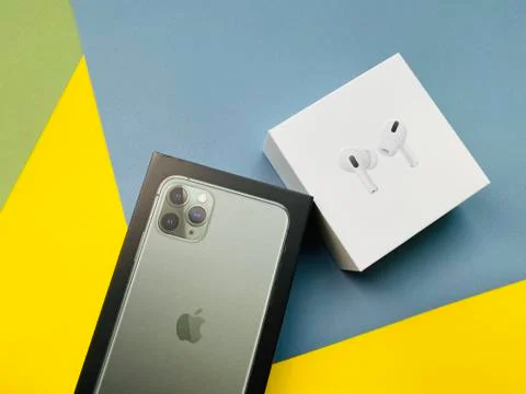 Apple iPhone 11 Pro Max and Airpods Pro Stock Photos