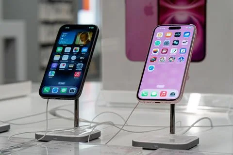 Apple iPhone 16 in Apple Store. Minsk, Belarus - March 16, 2025 Stock Photos