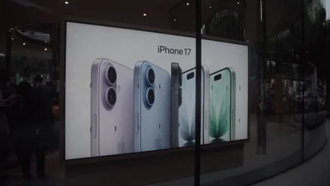 Apple iPhone 16 Pro Max advertisement screen on display Video stock 333055439