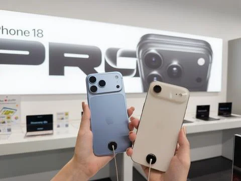 Apple iPhone 18 Pro in Glacier and Apple iPhone Air in Light Gold held by a Stock Photos