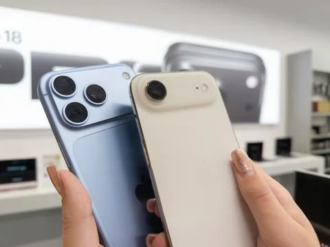 Apple iPhone 18 Pro in Glacier and iPhone Air in Light Gold held by a person in Stock Photos