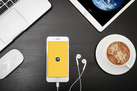 Apple iPhone 8 plus with Expedia app on the screen Stock Photos