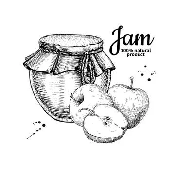 Apple jam glass jar vector drawing.  Fruit Jelly and marmalade. Stock Illustration