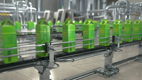 Apple Juice Cartons Processing By Modern Automated Conveyor Belt Machinery Stock Footage 257928250