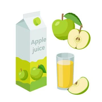Apple juice in packaging and fresh whole and halved apples, glass of apple juice Stock-Illustration
